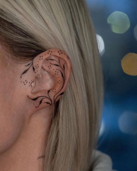 Watercolor Ear Tattoo, Honeycomb Ear Tattoo, Ear Adornment Tattoo, Fairy Ear Tattoo, Elven Tattoo Ideas, Vine Ear Tattoo, Ear Tattoo With Piercing, Elven Tattoo Design, Tattoo Oreille