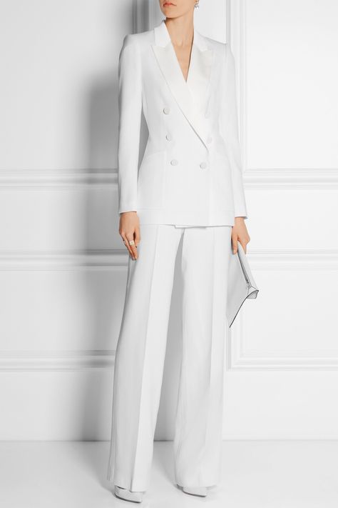 Womens Suit Outfits, Pantsuit For Women, White Pantsuit, Coat Styles, Pant Suits For Women, Wide Leg Pant Suit, Crepe Blazer, Women Blazer, White Suit