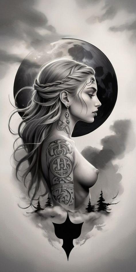 I will do tiktok promotion for organic growth... Viking Tattoo Design Drawings, Nordic Tattoo Ideas, Viking Warrior Woman, Female Warrior Tattoo, Nude Artwork, Cool Chest Tattoos, Nordic Tattoo, Warrior Tattoo, Dark Art Tattoo