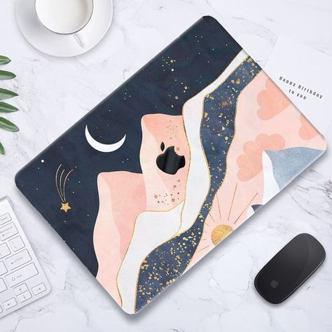 Laptop Illustration, Cute Laptop Cases, Mountains Painting, Laptop Decoration, Macbook Air Cover, Macbook Keyboard, Laptop Design, Pink Mountains, Drawing Software