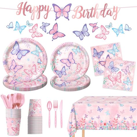 PRICES MAY VARY. Butterfly Birthday Party Supplies Kit: Our complete butterfly set includes 25 dinner paper plates (9 inches), 25 dessert paper plates (7 inches), 25 napkins, 25 paper cups (9 oz), 25 knives, 25 forks, 25 spoons, 1 butterfly tablecloth (54 x 108 inches), 1 hanging swirl, and 1 butterfly banner, making party preparation effortless. Butterfly Gorgeous Designs: These butterfly birthday decorations are designed with a colorful butterfly theme. The party supplies pack is composed of v Tablecloth Banner, Butterfly Birthday Decorations, Butterfly Themed Birthday Party, Block Birthday Party, Butterfly Theme Party, Butterfly Party Decorations, Butterfly Birthday Party, Girl Birthday Decorations, Glitter Birthday