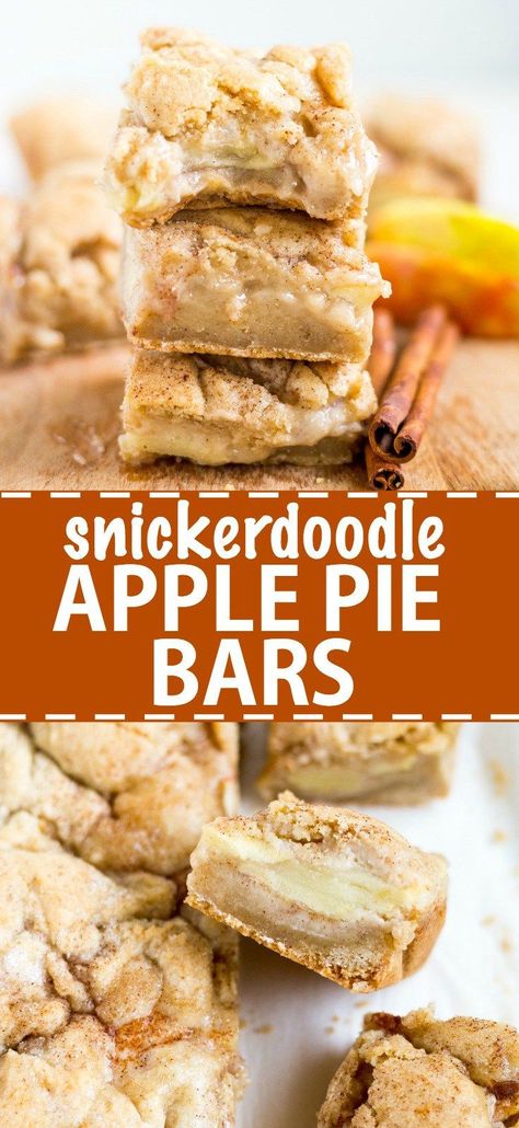 Sweet and gooey snickerdoodle apple pie bars are the perfect fall dessert. The base layer is a snickerdoodle bar topped with cinnamon-spice apple pie filling and topped with more snickerdoodle. It's delicious served warm with ice cream! Snickerdoodle Bar, Snickerdoodle Apple Pie, Snickerdoodle Bars, Dessert Halloween, Apple Pie Bars, Diy Easy Recipes, Fall Desserts Easy, Dessert Simple, Pie Bars