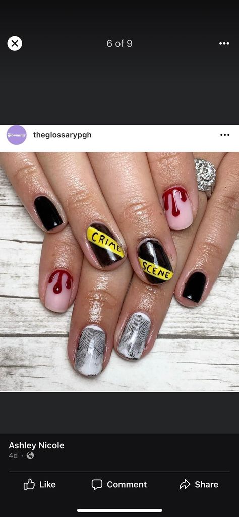 Halloween Prisoner Nails, Cop Nails Designs, Police Themed Nails, Caution Tape Nails, Police Nails Designs, Cop Nails, Police Nails, Homemade Nails, Halloween Cop