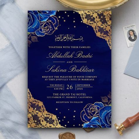 $2.09 | Royal Blue Roses Gold Lace QR Code Muslim Wedding - islamic floral wedding, online rsvp website details, bismillah nikah walima, all in one, flowers bouquet, elegant ornate sophisticated gilded, bright blue, vintage intricate gold lace, rustic stylish fancy script calligraphy, botanical golden stars Royal Blue And Gold Wedding, Blue Gold Wedding Invitation, Royal Blue Roses, Royal Blue Wedding Theme, Royal Blue Wedding Invitations, Royal Wedding Invitation, Royal Invitation, Blue And Gold Wedding, Blue Gold Wedding