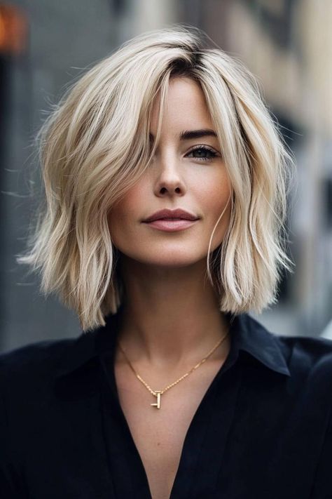 angled bob, mesmerizing hairstyles, elevated look Blond Angled Bob, Modern Angled Bob, Blonde Bob With Roots, Side Part Bob Haircut, Long Bob With Side Swept Bangs, Short Hair With Side Swept Bangs, Blonde Bob Side Part, Above Shoulder Bob, Formal Bob Hairstyles