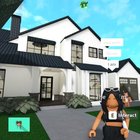 soft lit modern farmhouse + 210k (less without custom structural builds) + 4 bedrooms, but can sleep 6 + 3 bathrooms + 2 car garage + family room + backyard possible + this was an original build!! it's for my friend + follow her on Roblox @PeachGurl2022 + enjoy & follow for more <3 (lighting color: cloudy grey and/or flint, Interior wall color: light stone grey, exterior wall color: white, floor color: dark taupe, roof: black roof tiles, window & door color: black frame with cloudy grey glass) Wall Color White, Interior Wall Colors, Blocksburg Room Ideas￼, Black Roof, Small House Layout, City Layout, Tiny House Layout, Diy House Plans, Small House Floor Plans