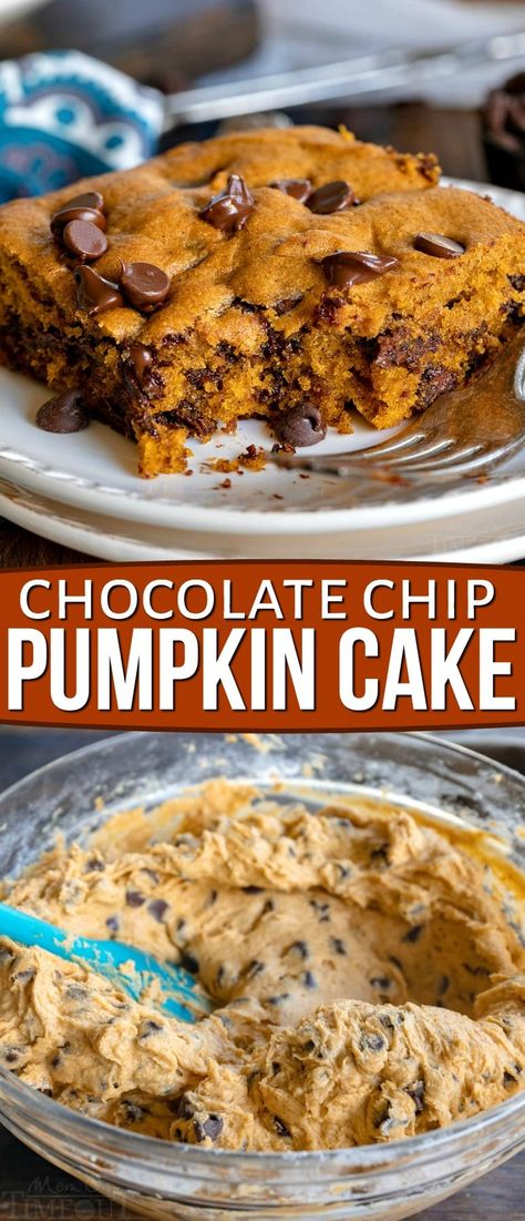 This easy Pumpkin Cake is extra delicious, supremely moist and just bursting with pumpkin flavor! Wonderfully spiced and studded with chocolate chips, this easy cake is sure to be a favorite this holiday season! // Mom On Timeout #pumpkincake #pumpkin #thanksgivingdessert #thanksgiving #dessert #desserts #christmas #recipe #recipes #cake #chocolate #pumpkinrecipes Pumpkin Chocolate Chip Cookies Spice Cake, Chocolate Pumpkin Cake Easy, Chocolate Chip Pumpkin Cake, Pumpkin Chocolate Chip Cake, Pumpkin Chocolate Chip Cheesecake, Chocolate Chip Pumpkin Bread Cake Mixes, Pumpkin Chocolate Cake, Pumpkin Spice Cake Chocolate Chips, Chocolate Chip Cake Recipe