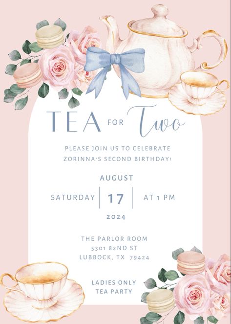 Second Birthday Tea Party! #2ndbirthday #teafortwo #teapartytheme #teapartyideas #secondbirthdayideas #2ndbirthdayinvitations #invitations Tea For Two Backdrop, Tea For Two Invitation, Tea Party For 2nd Birthday, 2nd Birthday Tea Party For Girl, Tea Party Second Birthday, Alice Tea Party Ideas, Let’s Partea, Tea Party Theme Party, Two Year Old Tea Party Birthday