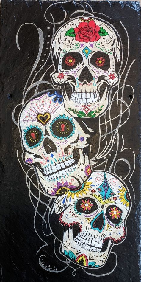 "Day of the Dead" acrylics on slate 12x24 Day Of The Dead Skull Art, Day Of The Dead Drawings, Day Of The Dead Painting, Day Of The Dead Tattoos, Mexican Skull Art, Day Of Dead Tattoo, Sugar Skull Art Drawing, Skull Plate, Night Of The Dead