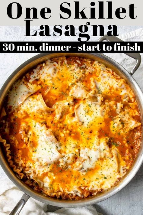 Delicious lasagna dinner all made in one skillet in just 30 minutes. This is a great family dinner. Skillet Lasagna With Cream Cheese, Skillet Meals For One, 30 Minute Skillet Lasagna, Dinners With Lasagna Noodles, Healthy One Pot Lasagna, Fast Stove Top Dinners, Easy 1 Skillet Meals, Electric Skillet Lasagna, Messy Lasagna Recipe