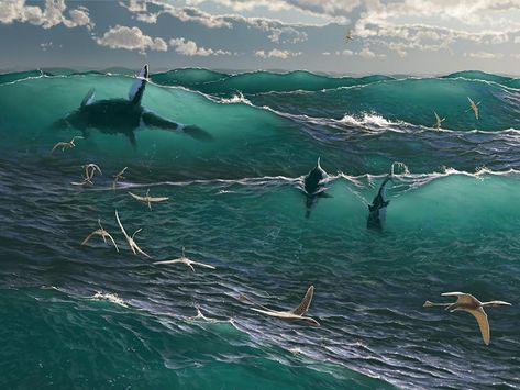 Before large mammals, reptiles ruled the ocean. During the Mesozoic, the time period when dinosaurs roamed on land, many of these large creatures were the top predators in the ocean food chain and fed on fish, cephalopods, bivalves, and even one another. Pterosaurs, flying reptiles, were also a key part to Mesozoic ocean ecosystems because they also ate fish (Image Credit: Smithsonian Institution). Dinosaurs Pictures, Jurassic World Wallpaper, Prehistoric Wildlife, Dinosaur Wallpaper, All Dinosaurs, Dinosaur Illustration, Prehistoric World, Terra Nova, Ancient Animals