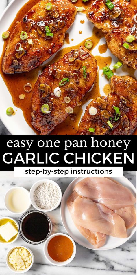 This garlic chicken with honey sauce comes together in just 20 minutes and all in one pan! It's made with just a handful of simple ingredients but it's also LOADED with flavor. Simple Chicken Alfredo Recipe, Chicken With Honey, Honey Garlic Chicken Thighs, Crusted Chicken Recipes, Soy Sauce Chicken, Creamy Chicken Enchiladas, Night Recipes, Chicken Slices, Chicken Enchilada Soup