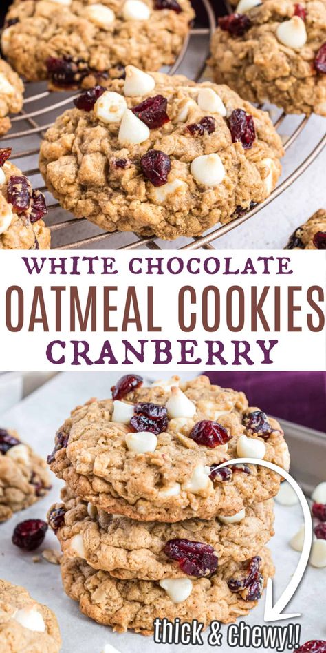 Soft And Chewy Oatmeal Cookies, White Chocolate Oatmeal, Cranberry Oatmeal Cookies, Cupcakes White, Chewy Oatmeal Cookies, Cranberry Oatmeal, Oatmeal Cranberry Cookies, Resepi Biskut, Chocolate Oatmeal Cookies