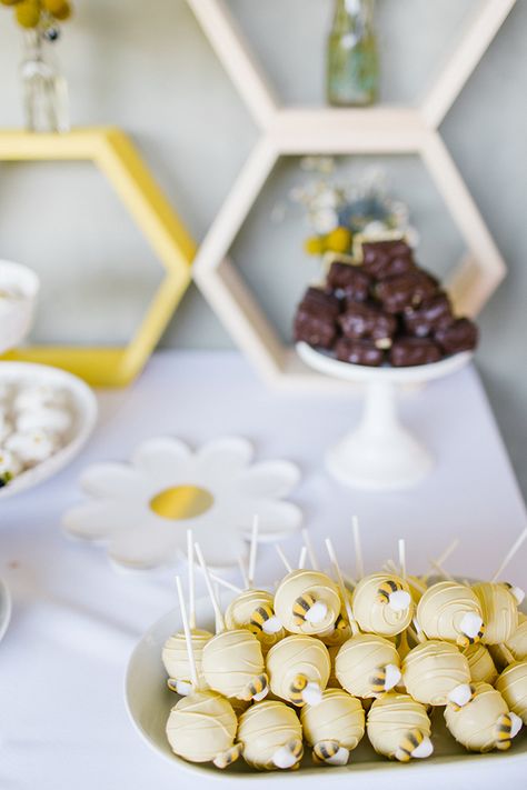 Bees 1st Birthday, First Bee Day Party Snacks, Bee Day Cake Pops, Our Honey Is One Birthday, Honeybee Party Food, First Bee Day Dessert Table, Honeybee First Birthday Party, Boho Bee Birthday, My First Bee Day Party