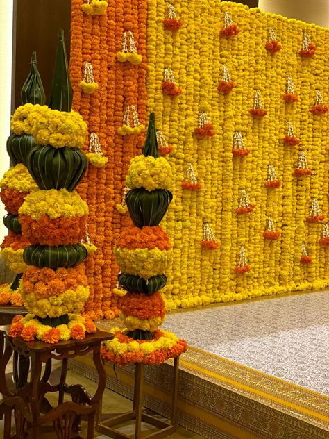 Photo From MARIGOLD MAGIC - By The Tailored Tale Haldi Decorations, Leaf Decor Wedding, Simple Stage Decorations, Home Flower Decor, Tent House, Diwali Decorations At Home, Wedding Background Decoration, Wedding Entrance Decor, Hallowen Ideas