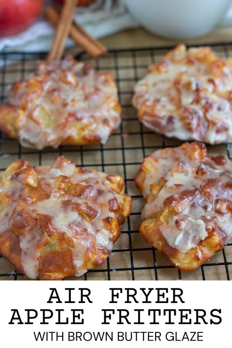 These easy air fryer apple fritters with brown butter glaze are healthier than an old fashioned fritter, yet still a delicious and tasty air fryer dessert. Made with fresh apples and an easy batter, the fritters are baked in the air fryer until the edges are crispy and golden, then drizzled with a brown butter glaze while still warm. Air Fryer Apple Fritters Recipe Easy, Air Fry Apple Fritters, Apple Fritters Recipe Air Fryer, Air Fryer Apple Recipes, Fry Apples, Air Fryer Apple Fritters, Air Fryer Dessert, Brown Butter Glaze, Air Fryer Recipes Dessert