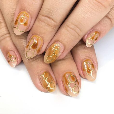 Dripping honey nail art with accent nails of good honeycomb! These nails are perfect for any season. They also look super cute with or without a bee on top for accents. Click through for more nail inspiration from Katie Masters aka Nail Thoughts. Honeycomb Nails Design, Short Bee Nails, Simple Bee Nails, Honeycomb Nail Art, Nails Bees, Bee Nails Design, Honeycomb Nails, Bees Nails, Honeycomb Nail