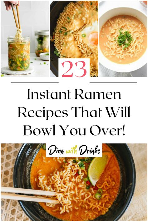 Collage of 4 instant ramen recipes. Creative Ramen Noodle Recipes, Recipes To Make With Ramen Noodles, Ramen Noodle Recipes For One, Ramen With Potstickers, Cooking With Ramen Noodles, Ramen With Beef Broth, Elevated Top Ramen, Best Ramen Recipe Easy, How To Elevate Instant Ramen