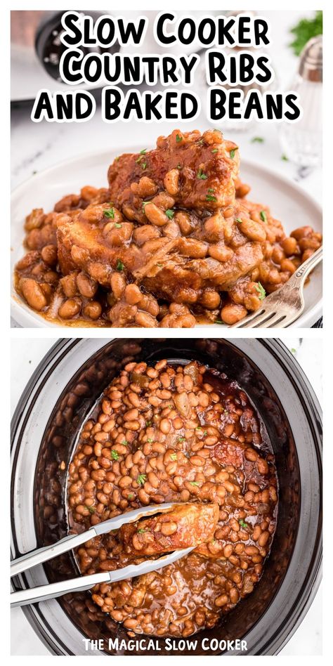 Slow Cooker Country Style Ribs and Baked Beans bring together the best of both worlds. Pork ribs are slowly cooked in barbecue sauce with a sweet and tangy bean mixture for a one-pot meal every family loves. Crock Pot Country Style Ribs, Slow Cooker Country Style Pork Ribs, Crockpot Country Style Pork Ribs, Slow Cooker Country Ribs, Boneless Pork Ribs Crockpot, Country Style Pork Ribs Crock Pot, Slow Cooker Country Style Ribs, Crockpot Pork Ribs, Ribs Barbecue