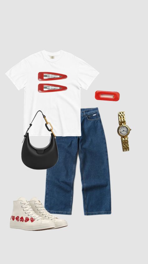 Clips Aesthetic, Hair Clips Aesthetic, Graphic Tee Outfit, Red Hair Clips, Graphic Tee Outfits, T Shirt Style, Tee Outfit, Ticks, Aesthetic Fashion