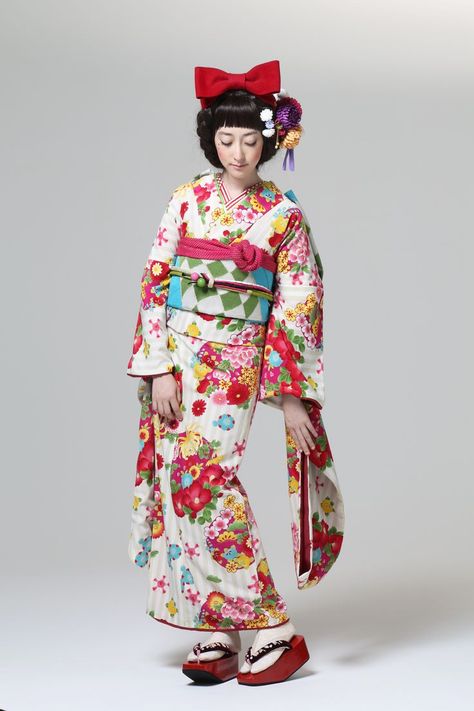 # 3: Furisode fall 2013 collection, by designers Furifu, Japan. Kabuki Costume, Japanese Traditional Clothes, Furisode Kimono, Cute Kimonos, Japanese Costume, Modern Kimono, Kimono Japan, 일본 패션, Yukata Kimono