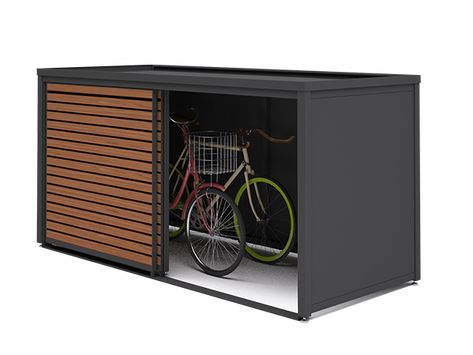 Outdoor Bike Shed, Carport Bike Storage, Bin And Bike Storage, Bike Shed Front Garden, Modern Bike Shed, Bike Box Storage, Front Garden Bike Storage, Bike Shed Ideas, Patio Storage Ideas