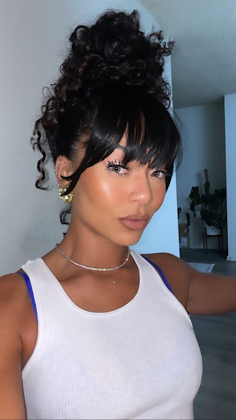 Space Bun With Bangs, Chopstick Curls Hairstyles, Natural Blow Dry Hairstyles, Curly Up Do, Bun With Bangs, Wavy Updo, Curly Fringe, Fake Bangs, Curly Bangs