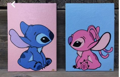 Cartoon Painting Ideas On Canvas Easy, Stitch Disney Canvas Painting, Couple Painting Ideas 2 Canvas, Stitch Disney Painting Easy, Two Matching Canvas Paintings, Painting Ideas On Canvas Aesthetic Love, Cute Matching Painting Ideas, Stitch Couple Painting, Friend Paintings Together