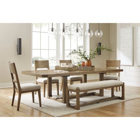 Millennium By Ashley Cabalyn Dining Set 6 Pc. | Dining Sets | Furniture & Appliances | Shop The Exchange Dinning Room Table With Bench, Dining Room Table With Bench, Light Brown Dining Table, 10 Person Dining Table, Brown Dining Room, Brown Dining Table, Modern Lodge, Round Tables, Dining Table With Bench