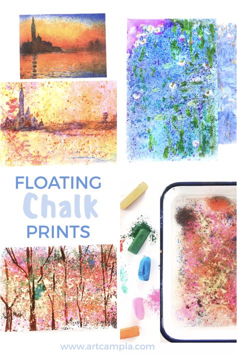 Impressionism Art Lesson, Floating Chalk Prints, Monet Art Lesson, Spring Middle School Art Projects, Monet Inspired Art For Kids, Kids Art Projects Summer, Claude Monet Art Projects For Kids, Monet Kids Art Projects, Process Art For Adults