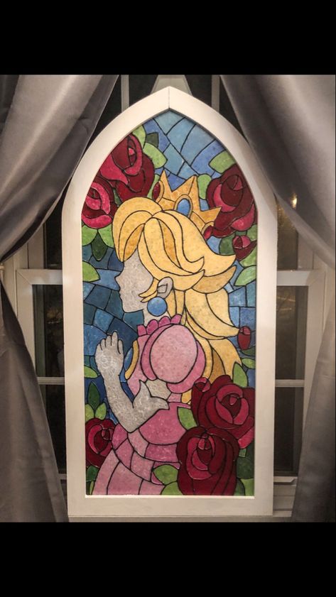 Faux stained glass window Mario Odyssey Princess Peach Faux Stained Glass Window, Peach Rooms, Glass Stencil, Castle Tattoo, Princesa Peach, Stained Glass Paint, Window Color, Cute Canvas Paintings, Stained Glass Diy