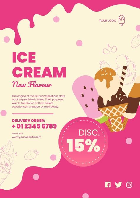 Hand-drawn Ice Cream Delivery Poster Ice Cream Layout Design, Ice Cream Poster Design Ideas, Ice Cream Social Media Content, Ice Cream Poster Design Creative, Advertisment Posters Ideas, Ice Cream Poster Advertising, Ice Cream Design Ideas, Ice Cream Flyer Design, Ice Cream Brochure