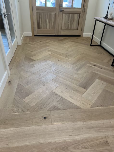 Herringbone Wood Floor Transition, Wood Floor Designs Pattern, Tile Entryway Transition To Wood, Herringbone Entryway, Downstairs Flooring, Floor Transitions, Tile To Wood Transition, Farmhouse Details, Wood Look Tile Floor