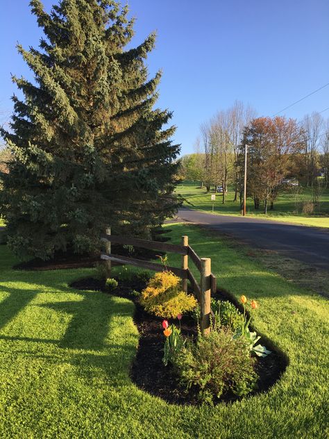 Split Rail Landscaping Ideas, Front Yard Acreage Landscaping, Driveway Entrance Landscaping Fence, Backyard Acreage Landscaping, Large Property Landscaping Ideas, Simple Country Landscaping, Landscaping On Acreage, Landscaping By Road, Landscape Ideas Doublewide