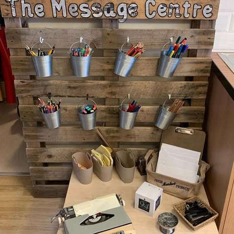 Our message centre to promote writing in EYFS  #eyfs #messagecentre #reggio #writing #purpose #engagement #curiosity Welcome To Reception Class Display, Story Telling Area Eyfs, Writing Provocations Reggio, Healthy Eating Display Eyfs, Reggio Writing Center, Snack Area Eyfs, Curiosity Approach Eyfs Baby Room, Self Registration Eyfs Ideas, Reading Area Eyfs