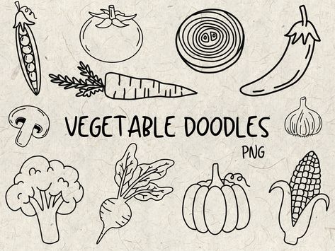 Veggie Doodles Art, Vegetable Doodle Art, Vegetable Line Drawing, How To Draw Vegetables, Cute Vegetables Drawing, Food Doodles Easy, Tomato Doodle, Gardening Doodles, Carrot Doodle