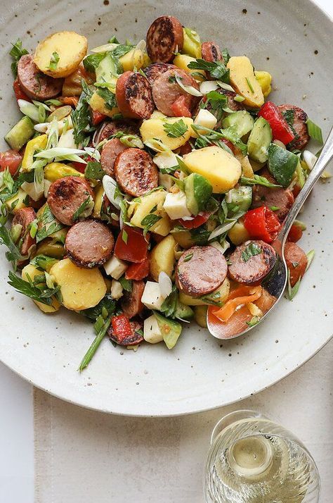 After a quick sear in a skillet, crispy rounds of smoked sausage—like the classic version from Hillshire Farm—quickly transforms an everyday potato salad from a side dish into a satisfying meal.#appetizers #appetizerrecipes #appetizerideas #apps #entertaining Summer Sausage Salad, Hardy Salad Recipes, Sausage Salad Healthy, Hardy Salads, Sausage Sides, Easy Chicken Leg Recipes, Meal Appetizers, Dinner Ideas Easy Chicken, Sausage Salad Recipe