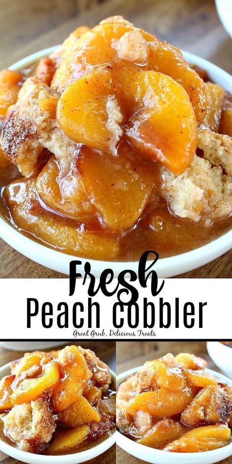 This made from scratch, Fresh Peach Cobbler is packed full of fresh, juicy, ripe peaches then topped with a delicious cake-like, crunchy topping. #peachcobbler #peaches #cobbler #delicious #greatgrubdelicioustreats Peaches Cobbler, Fresh Peach Cobbler Recipe, Peach Cobbler Cheesecake Recipe, Cheesecake Apple, Peach Cobbler With Bisquick, Vegan Peach Cobbler, Crockpot Peach Cobbler, Cherry Cobbler Recipe, Homemade Peach Cobbler