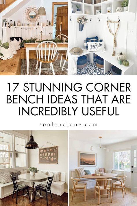 These ideas showcase the versatility and usefulness of corner benches, making them an incredibly valuable addition to any space. Opt for a bench with hidden storage to stash away extra bedding or seasonal clothing. Outdoor patios and balconies benefit from corner benches too, providing comfortable seating for enjoying nature and entertaining guests, with weather-resistant materials and vibrant cushions. Even in a home office, a small corner bench can add a touch of comfort, doubling as a place f Corner Kitchen Table Bench, Corner Bench Seating Dining Room, Corner Kitchen Seating, Small Corner Bench, Corner Entryway Bench, Dinning Room Bench, Dining Nook Bench, Corner Banquette Seating, Corner Bench Kitchen Table