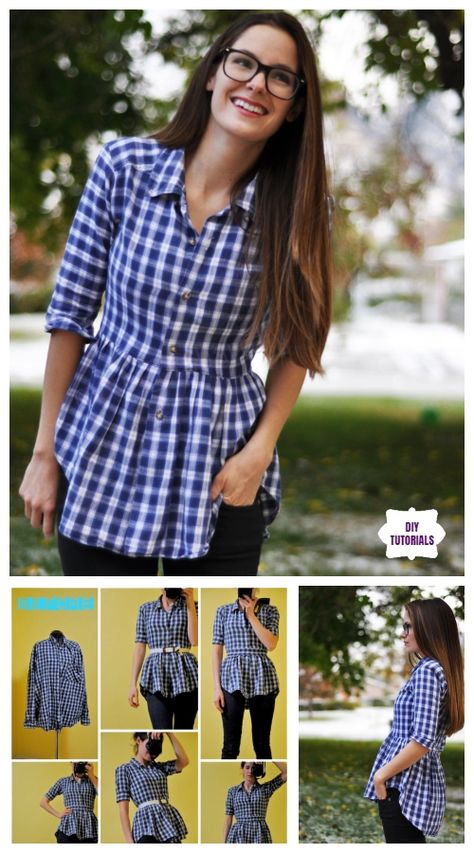 Creative Ideas to Repurpose Old Shirts into New Fashion - Turn men shirt into peplum Top Tutorial Mens Shirt Refashion, Diy Clothes Refashion, Sewing Clothes Women, Upcycle Shirt, Trendy Sewing, Shirt Refashion, Old Shirts, Blouse Diy, Refashion Clothes