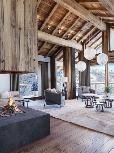 Escape to Modern Alpine Luxury: Our ski chalet blends contemporary design with cozy comfort. Warm up by the stone and glass fireplace, surrounded by rustic charm. Embrace the beauty of modern mountain living. 🏔️🔥 #SkiChalet #MountainLiving #ModernDesign #CozyHome #RusticCharm #AlpineLuxury #WinterRetreat #FireplaceMagic #HomeInspiration #ContemporaryLiving #PinterestTrends Modern Chalet Interior, Ski Chalet Interior, Chalet Living Room, Luxury Chalet Interior, Chalet Interior Design, Alpine House, Modern Chalet, Mountain Interiors, Chalet Interior