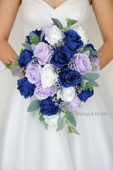 Royal Blue And Purple Bouquet, Lavender And Navy Bouquet, Lilac And Dark Blue Wedding, Blue Brides Bouquet, Wedding Bouquets Summer Blue, Royal Blue And Purple Wedding Theme Bridesmaid Dresses, Wedding Purple Bouquets, Royal Blue And Lilac Wedding Theme, Navy Blue Purple And White Wedding