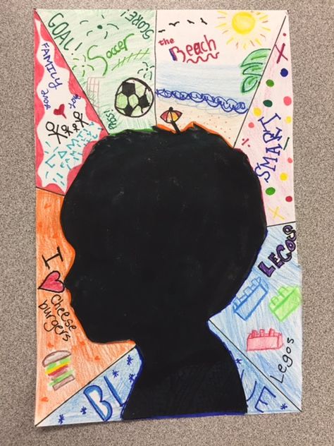 3rd Class Art Ideas, Picasso Self Portrait Art Lesson, All About Me Silhouette Art, Easy Grade 1 Art Ideas, Self Portrait Activities For Kids, About Me Art Projects For Kids, Open House Art Projects For Kids, All About Me Collage Ideas, Art Activities For 3rd Graders