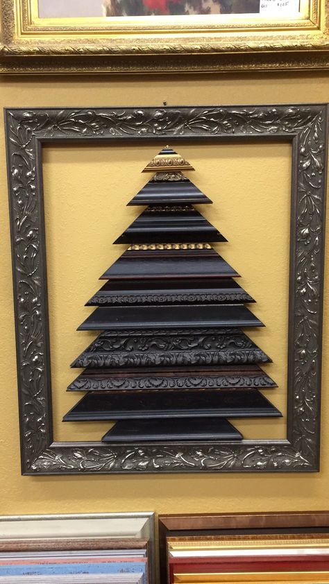 Picture Frame Christmas Tree, Framing Inspiration, Picture Frame Projects, Wooden Xmas Trees, Frame Projects, Molding Ideas, Framed Items, Steampunk Christmas, Frame Molding