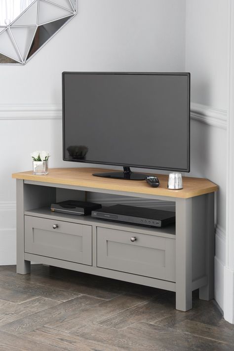 Next Malvern Dove Grey Corner TV Unit -  Grey Modern Corner Tv Stand, Tv Shelving, Coin Tv, Corner Tv Cabinets, Corner Tv Stands, Floating Tv Unit, Tv Storage Unit, Tv Stand With Drawers, Tv Unit Design Modern