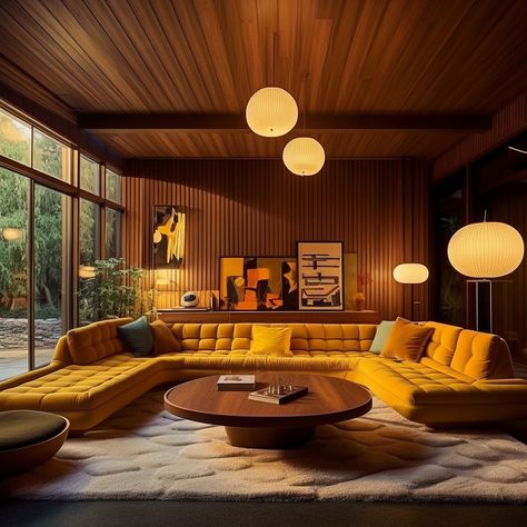 OSAKA LIVING ROOM — Dan O'Kelly | Studio Famous Mid Century Homes, 1979 Home Decor, Warm Welcoming Living Room, Mcm Couch Living Room, Japandi Mcm, Wood Paneled Walls Living Room, Tacky Decor, 70s Interior Design, Corporate Interior Design