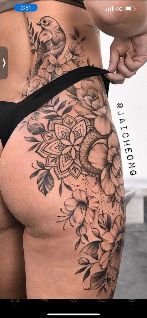 Women’s Hip And Thigh Tattoos, Thigh To Rib Tattoo Women, Back To Thigh Tattoo Women, Thigh To Back Tattoo Women, Hip Tattoos Women Big, Top Thigh Tattoos Women, Big Hip Tattoos Women, Large Thigh Tattoo For Women, Full Side Tattoos Women