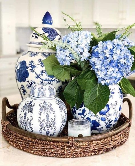 Blue Bird Decor, How To Decorate With Blue And White, Chinoiserie Decorating Kitchen, Blue And White Vase Arrangement, Decorating With Blue And White Porcelain Kitchen, Southern Blue And White Decor, Blue And White Mantle, Blue And White China Decor, Chinoiserie Chic Kitchen