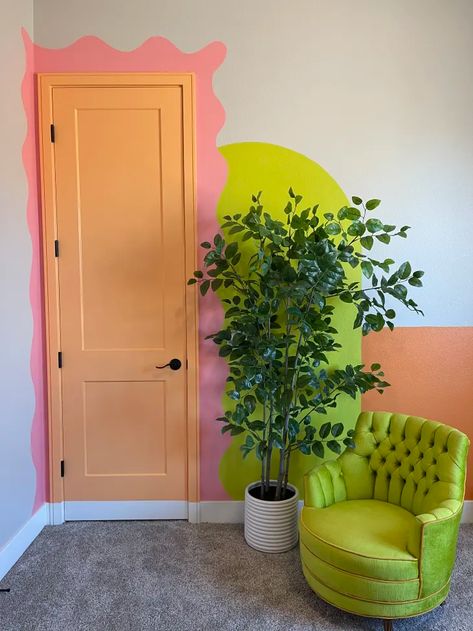 Maximalist Wall Painting, Quirky Painted Walls, Color Block Wall Mural, Funky Paint Ideas For Walls, Bright Accent Wall Bedroom, Simple Colorful Home Decor, Eclectic Accent Wall, Colorful Baseboards, Quirky Wall Painting Ideas