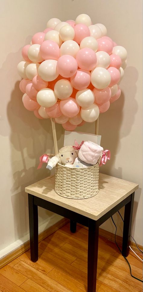 Hot air balloon, gift basket, balloons, balloon gift, newborn, balloon art Baby Ballon Basket, Baby Shower Basket With Balloons, Hot Air Balloon Gift Basket Birthday, Hot Air Balloon Hamper, Hot Air Balloon Easter Basket, Dollar Tree Hot Air Balloon Basket, Diy Air Balloon Basket, Baby Shower Hot Air Balloon Gift Baskets, Hot Air Balloon Gift Basket Diy